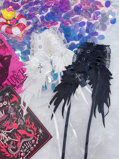 Black/White Cross Wing Lace Trim Gothic Lolita Hairband