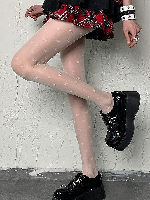 White Y2K Bowknot Print Tights