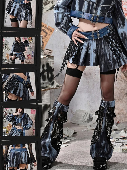 Grunge Punk Rock Fairy Blue Asymmetrical Hem Tie Dye Pleated Skirt with Free Chain Belt