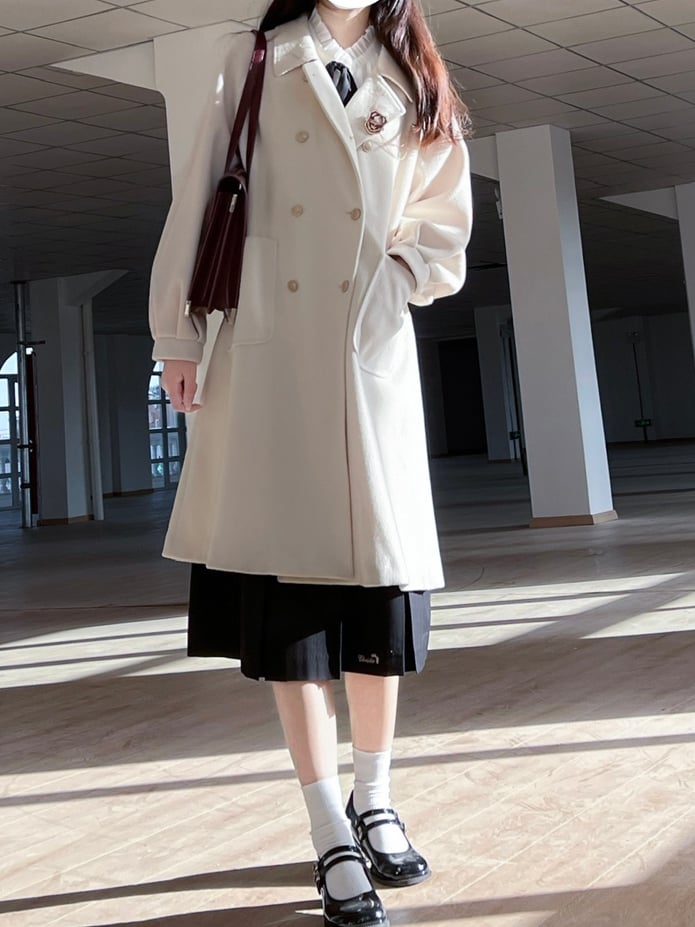 Double Breasted Design Notched Collar  with Long Woolen Coat White