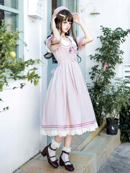 Sakura Pink Sailor Style Summer Dress Pleating Detail Cuffs