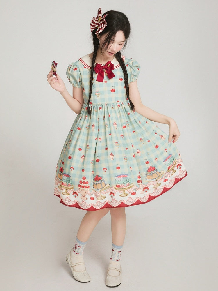 Robe Sweet Lolita vichy taille haute vert menthe à imprimé cerises et desserts