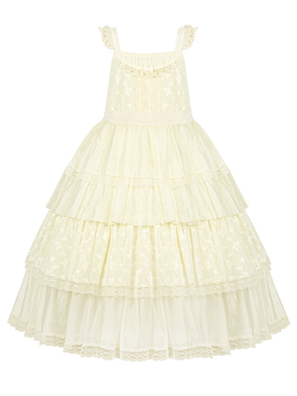 Butterfly Skirt Jumper Lolita Elegant Lace Layered Patches Creamy Dress