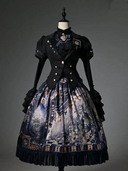 Chess Theme Blue Belt Waist Skirt Corset Print Dark Lolita