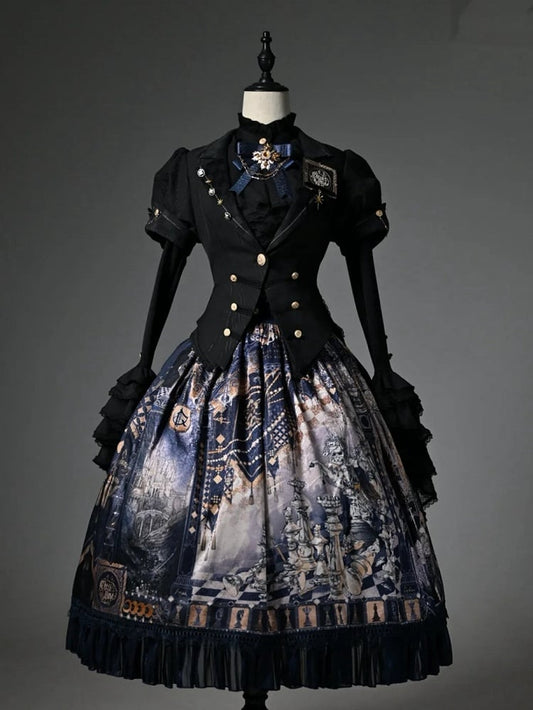 Chess Theme Blue Belt Waist Skirt Corset Print Dark Lolita