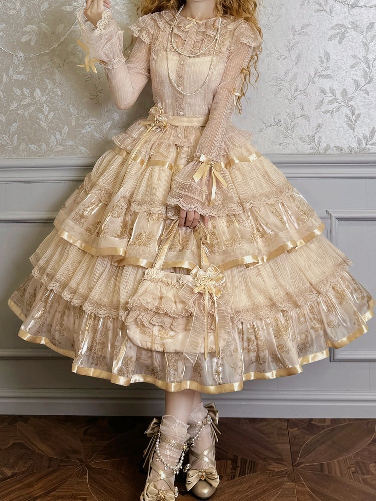 Skirt Bunny Champagne Lolita Kitty Print Ruffle and Tiered