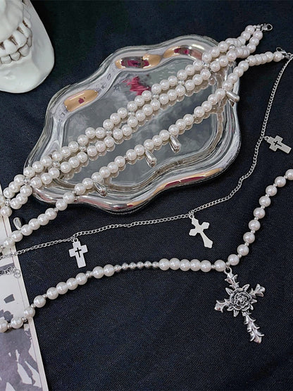 White Cross Pendants Multi-layers Goth Beaded Necklace