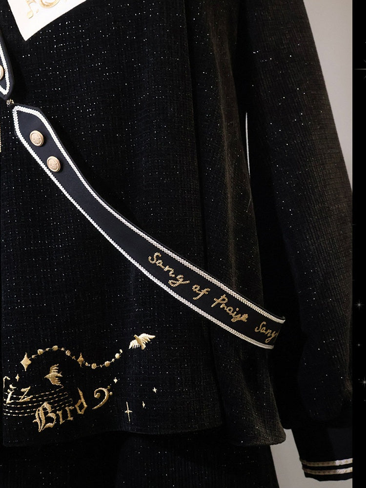 Black Ouji Glittering Waffle Top with Music Notes and Fringe Sash