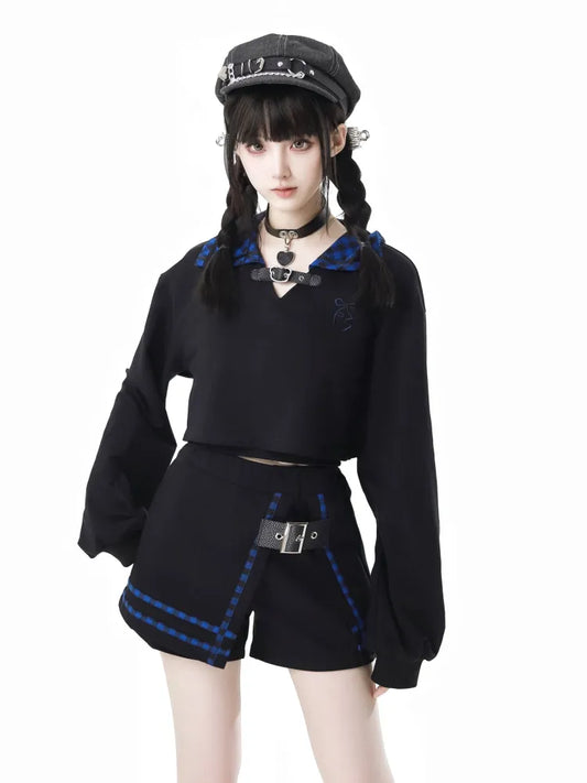 Blue Free Dark Sweatshirt with Cami Collar Top Plaid Cropped Black