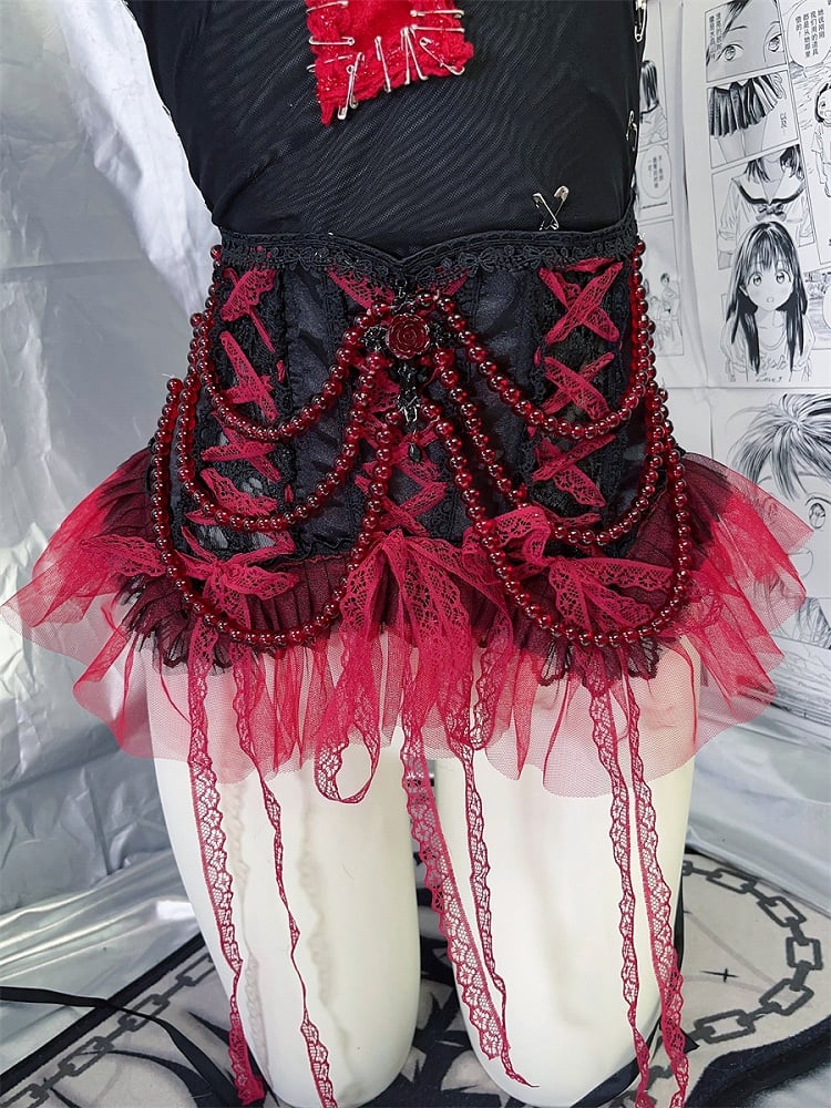 Black Red Lace Trim Goth Corset Belt with Beaded Chains