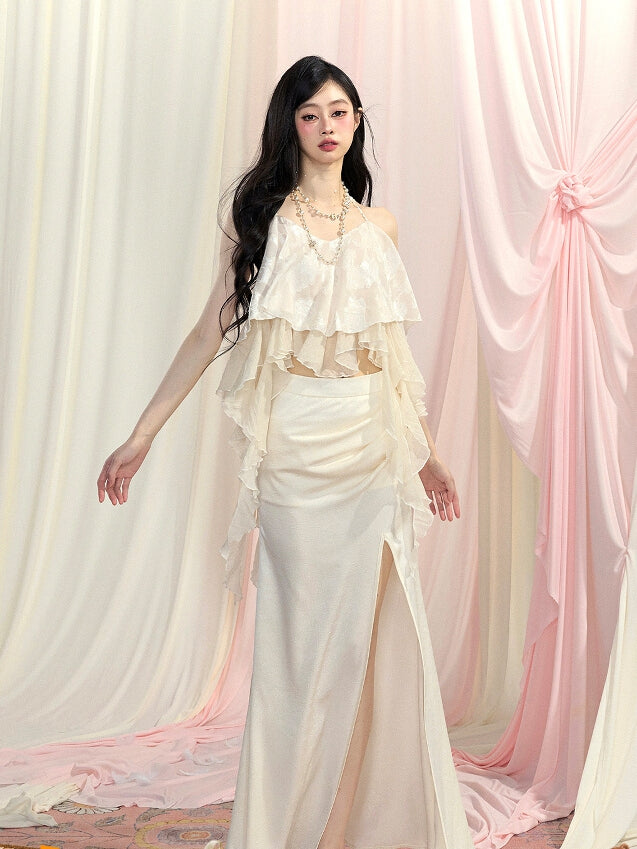 Top/Thigh-high Slit Skirt Apricot Asymmetrical Flounce Hem Halter Neck Chiffon