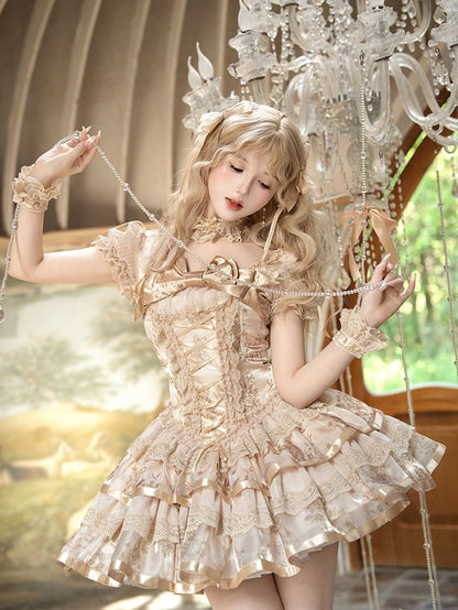 Sleeves Corset Lolita Kitty Short Dress Print and Bunny Puff Champagne