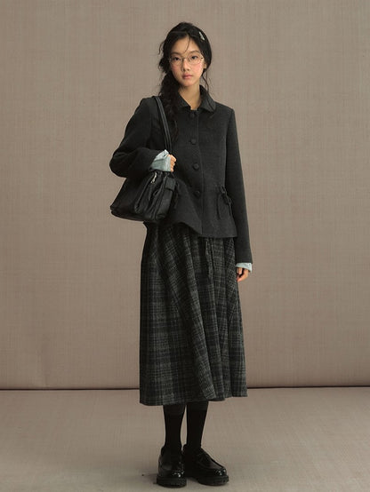 Dark Gray Peter Pan Collar Blazer with Bow Accent