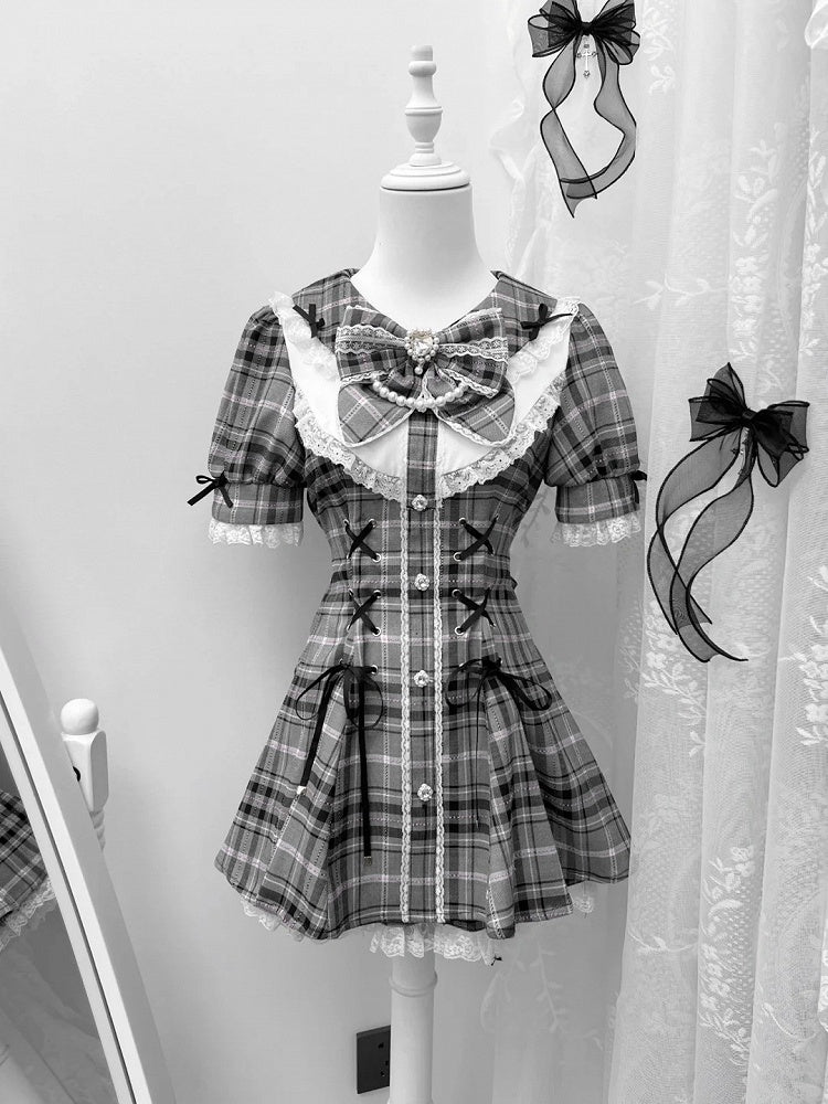 Gray Kei Plaid Waist Rhinestones Jirai Mini Dress+Shorts Embellished Set Lace-up Details