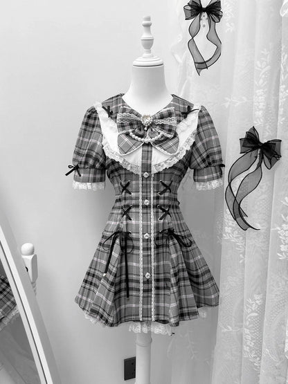 Gray Kei Plaid Waist Rhinestones Jirai Mini Dress+Shorts Embellished Set Lace-up Details