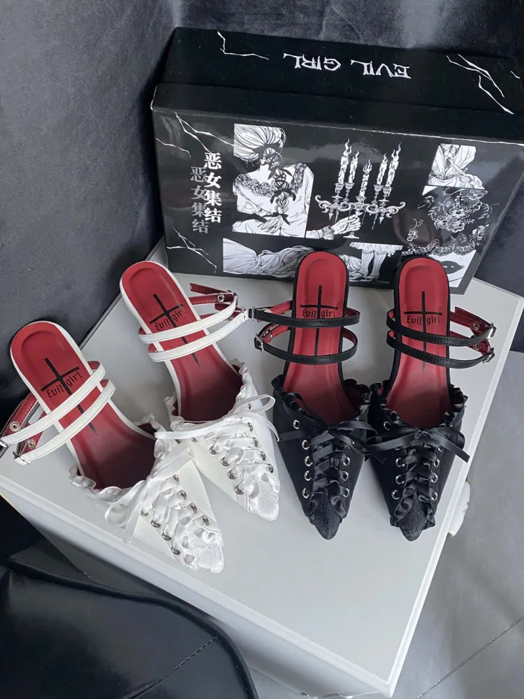 Detail Lace-up Slingback Toe White Sandals Gothic Pointed