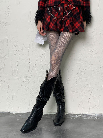 Grey Y2K Hollow-out Floral Pattern Tights