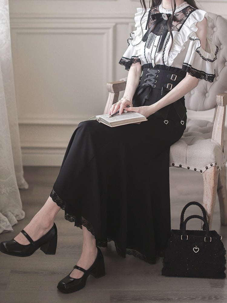 Lace-up Front High Waist Mermaid Skirt with Jirai Kei Black