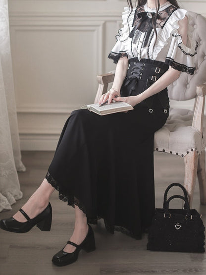 Lace-up Front High Waist Mermaid Skirt with Jirai Kei Black