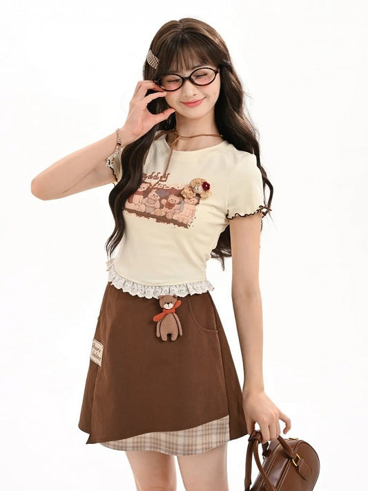 Teddy Bear Print Lettuce Cuffs Vintage Lace Hem Apricot T-shirt