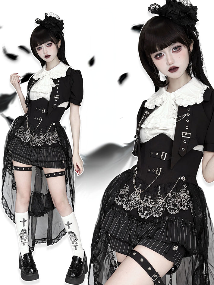 Schwarz-weißes Prince Ouji Lolita-Outfit – weißes ärmelloses Hemd + schwarzes kurzes Top + Blommer-Shorts mit hoher Taille, komplettes Set