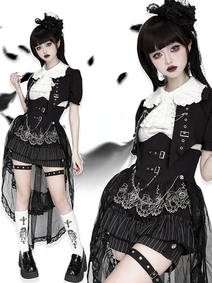 Schwarz-weißes Prince Ouji Lolita-Outfit – weißes ärmelloses Hemd + schwarzes kurzes Top + Blommer-Shorts mit hoher Taille, komplettes Set