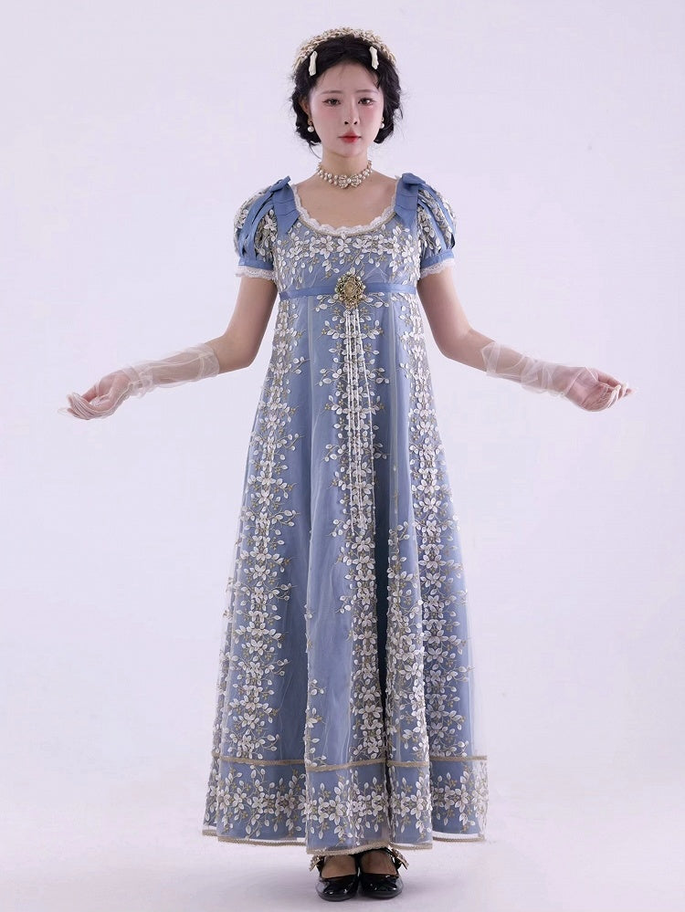 Blue Empire Waist Regency Elegant Lolita Maxi Dress Ankle Length Version