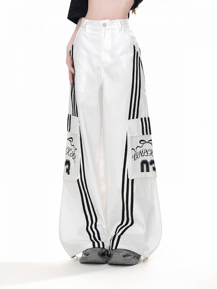 Pants Wide-leg Black Cargo Loose White Pockets