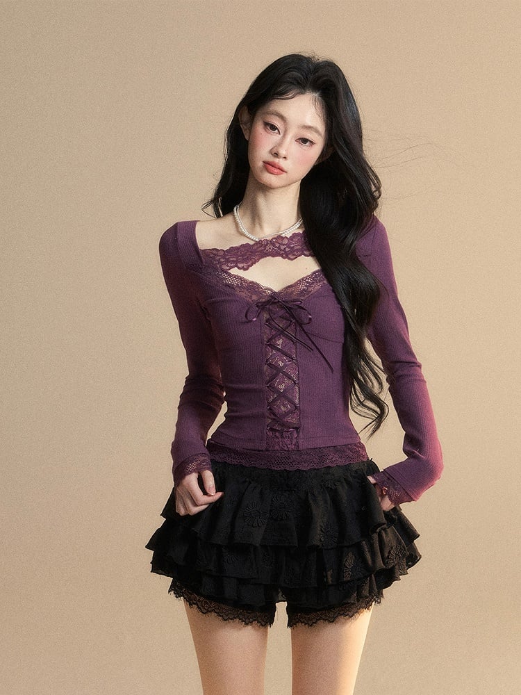 Glamorous Top with Lace-up Purple V-Neck Contrast Lace Patches Detail Front at