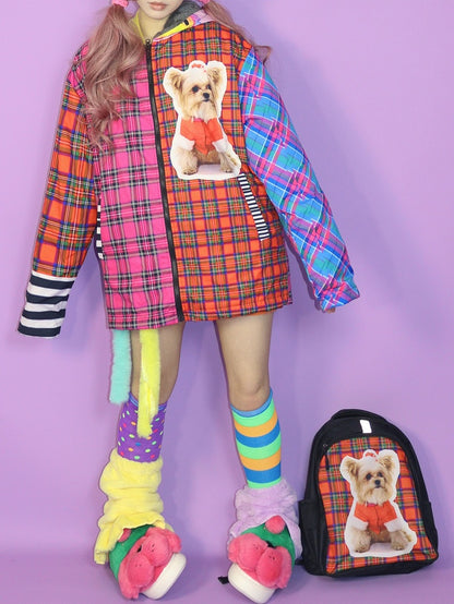 Weihnachts-Y2K-Farbenfrohe Oversize-Kapuzenjacke mit Fleecefutter, Karomuster und Welpen-Print