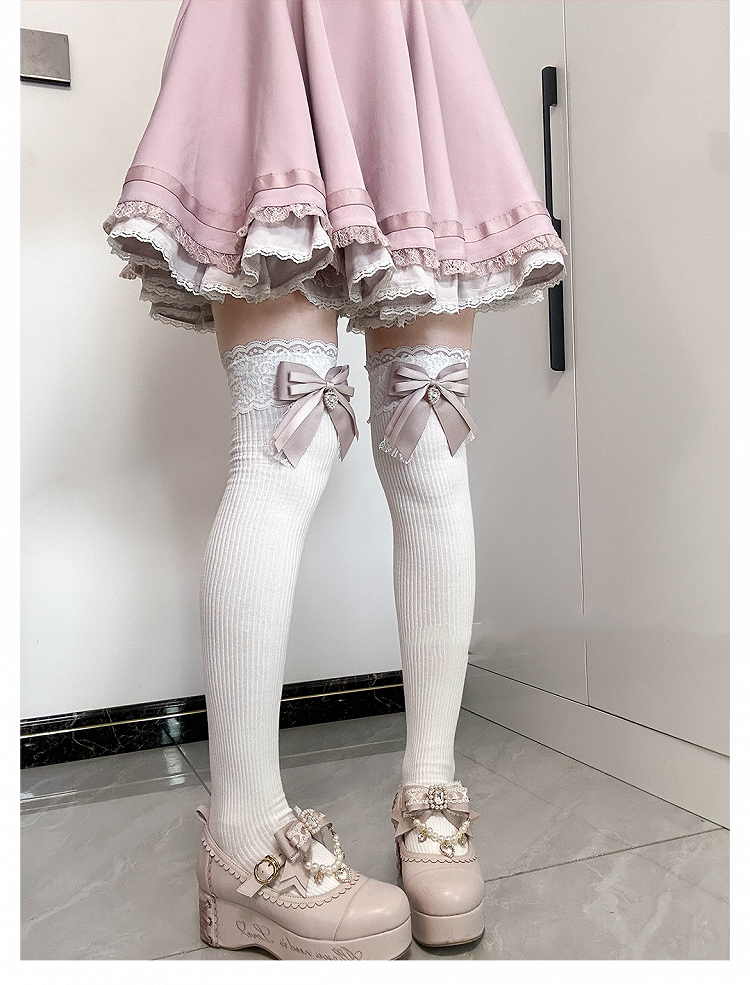 Dusty Pink Bow Detail Front Heart Rhinestone Jirai Kei Over Knee Stockings