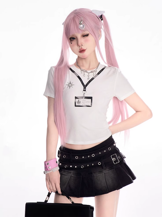 T-shirt White Round Neck Card Holder Print Slim-fitting