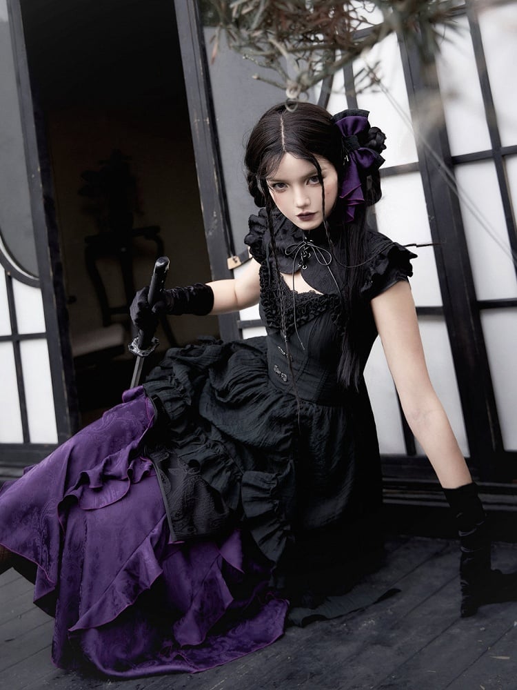 Full Jacquard Hem Qi Ruffle Set Black Qipao Cthulhu Lolita Dress Vibes Purple Trim Cascading