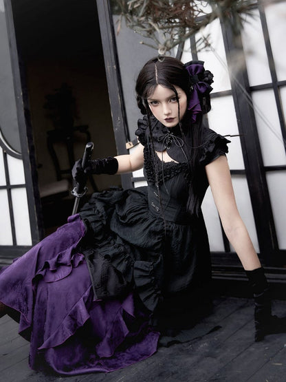 Full Jacquard Hem Qi Ruffle Set Black Qipao Cthulhu Lolita Dress Vibes Purple Trim Cascading