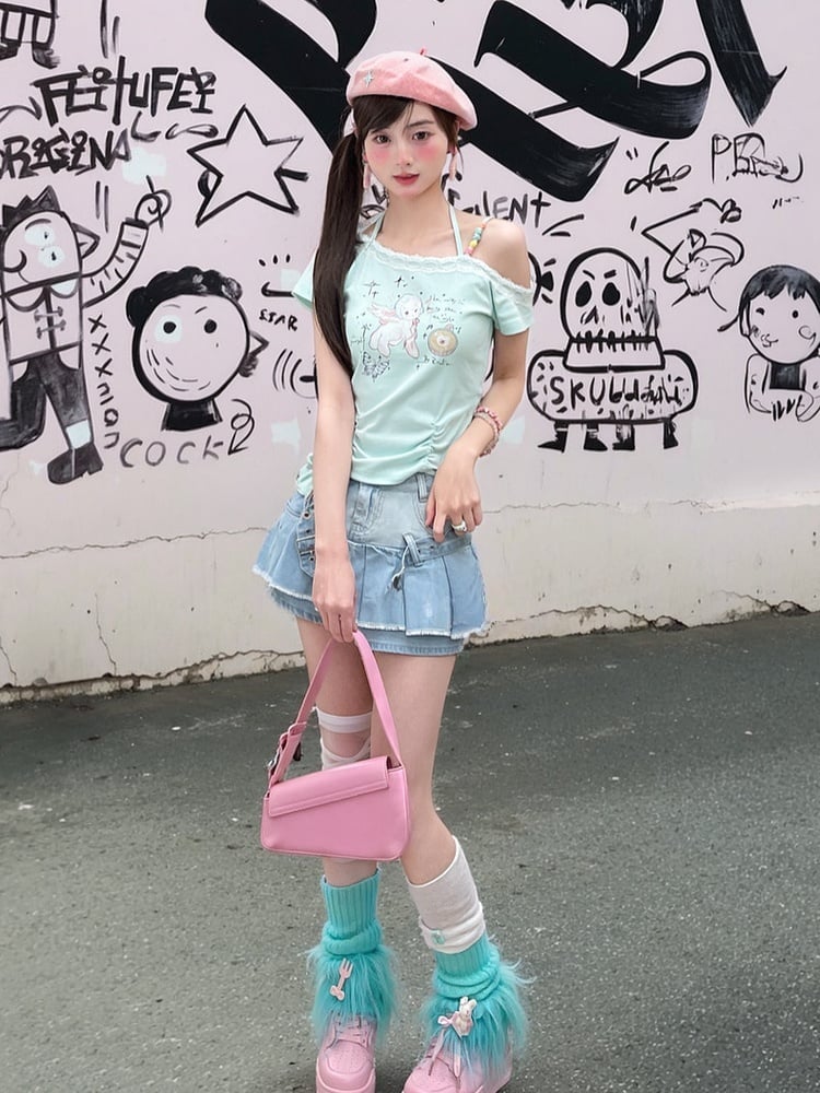 Raw Blue Buckle Straps Pleated Punk Skirt Hem Denim Glamorous