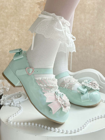 Grünes Leder Candy Clip PU Schuhe Sweet Mint Low-Heel Pink Heart mit
