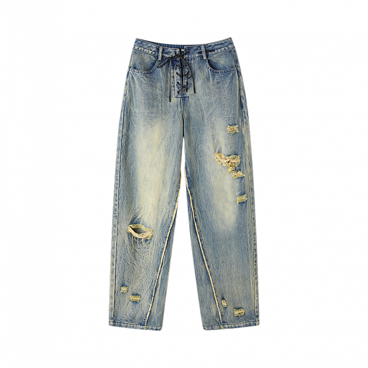 Closure Blue Low Vintage Jeans with Lace-up Waist Faded Wash Distressed Holes