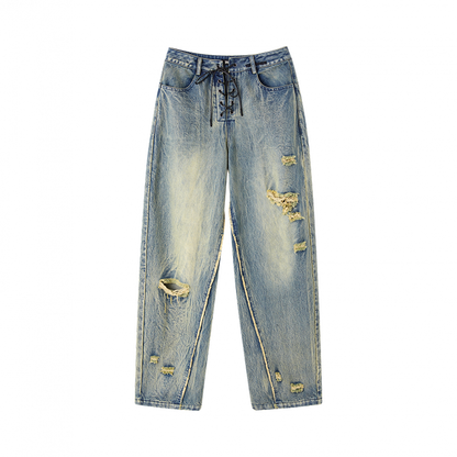 Closure Blue Low Vintage Jeans with Lace-up Waist Faded Wash Distressed Holes