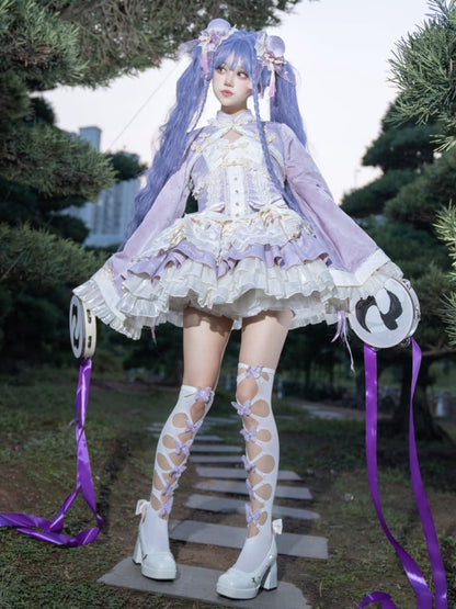 Robe Lolita Qi à taille corset violette avec gros nœud à la taille