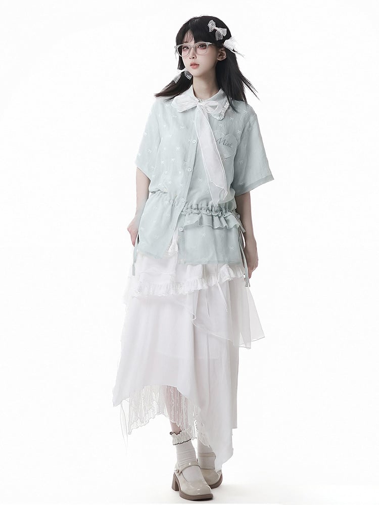 Bowknot Embroidery Short Sleeves Shirt Light Green Drawstring Waist Allover