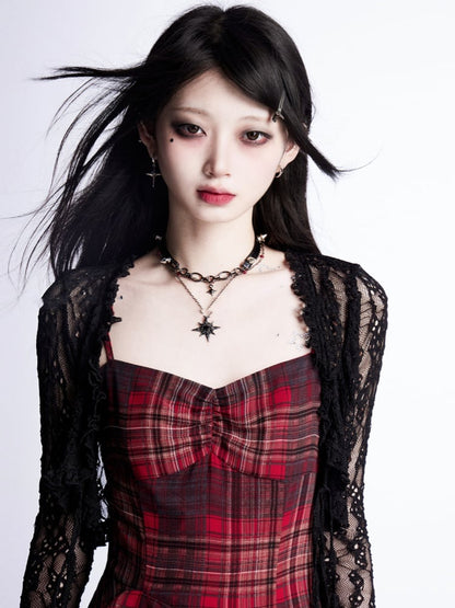 Taille Asymmetrische Rot Plaid Cami Kleid Tiered Rüschen mit