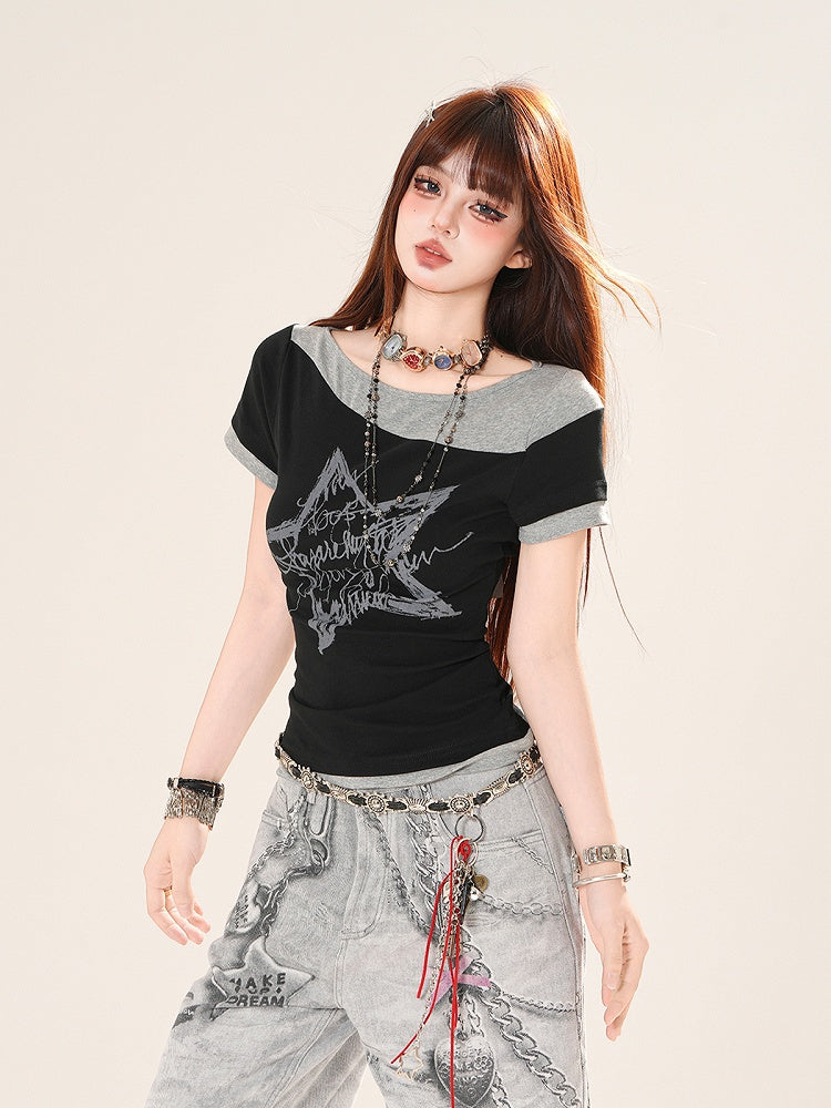 Black  Gray Star Print Faux Two-pieces T-Shirt