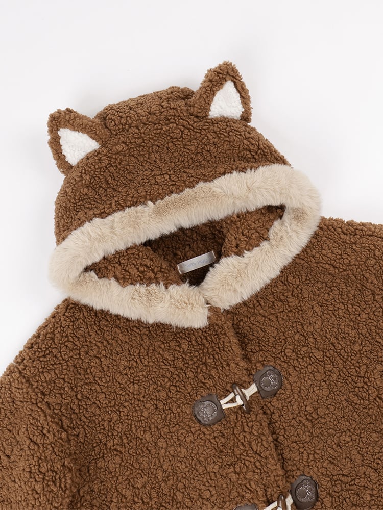 Brauner Fleece-Wintermantel mit Kapuze und Ohren des Kleinen Pandas