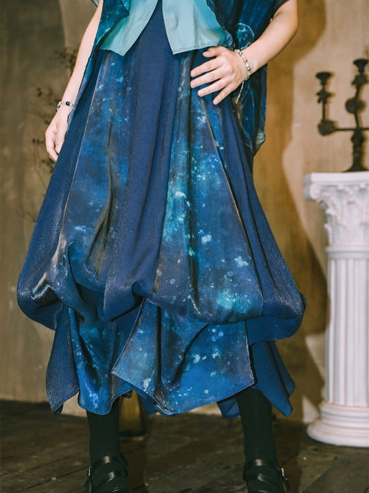 Gradient Convertible Hem Jellyfish Print Skirt with Bubble Blue