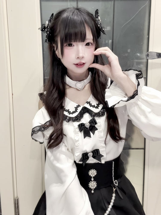 Detachable Trim with Design Lace Black Blouse Jirai Kei Peter Pan Collar Cutout Shoulder Contrast White Choker