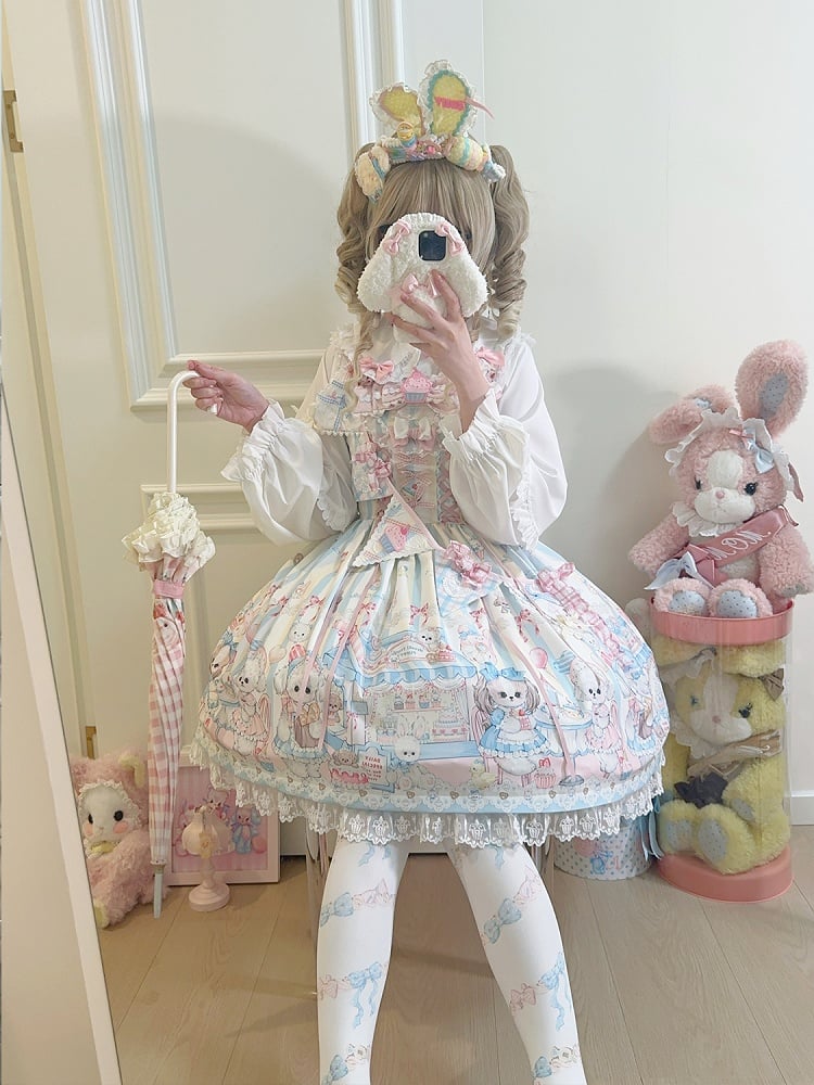 Flags Dress Puppy's Afternoon with Print Light Sweet Lolita Tea Ribbon Yellow