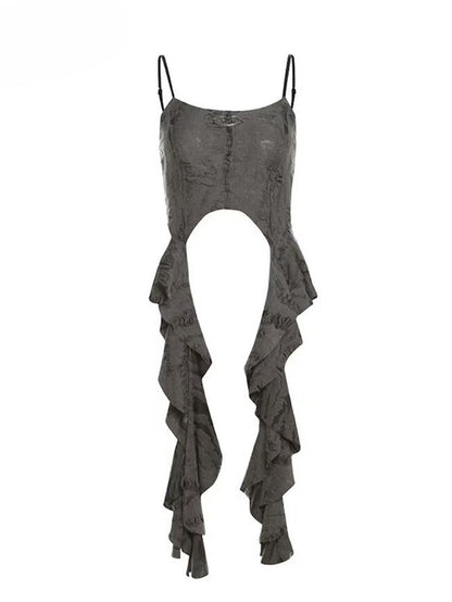 Punk Accents Ruffle Top Distressed Detail Wasteland Cascading Cami Gray