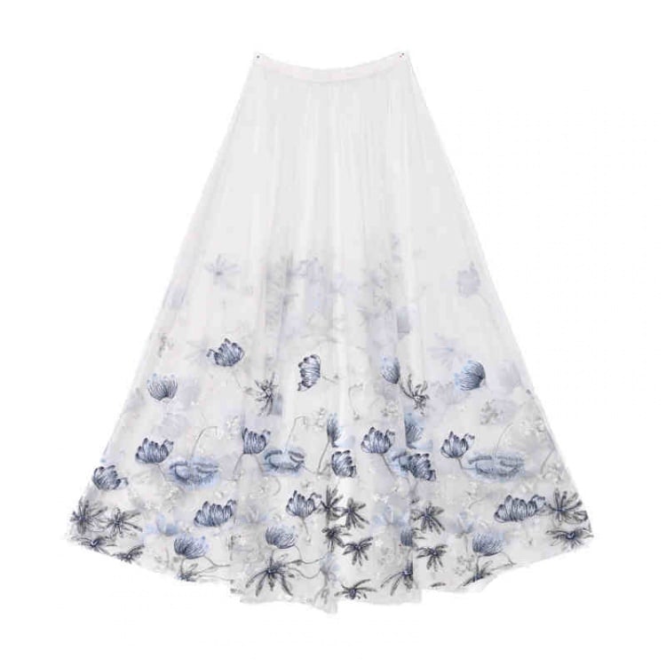 Bride White High-low Tulle Skirt with Blue Black Floral Embroidery