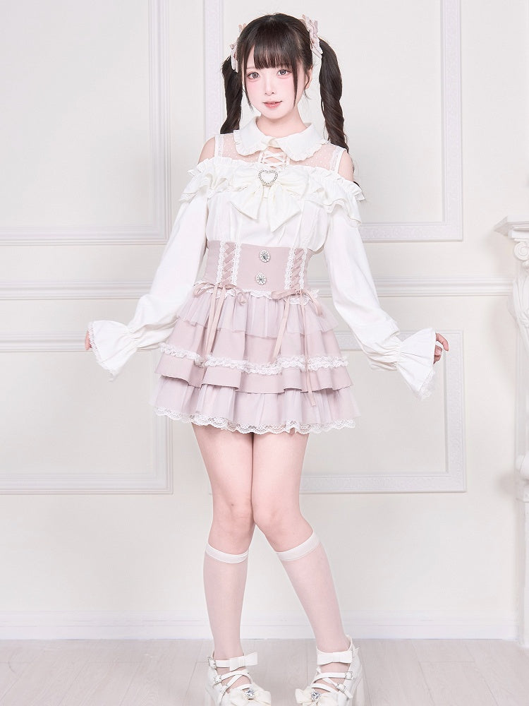 Kei Blouse Sleeve Cold Shoulder Neckline White Long with Jirai Illusion Top