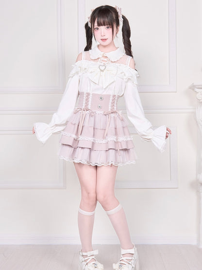 Kei Blouse Sleeve Cold Shoulder Neckline White Long with Jirai Illusion Top